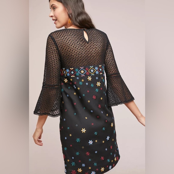 Akemi + Kin Anthropologie Black Maud Embroidered Crochet Floral Shift Dress - Picture 2 of 10